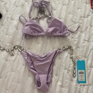 NWT Beach Bunny Lavender Triangle Bikini with Chain Accents Top -small bottom-XS